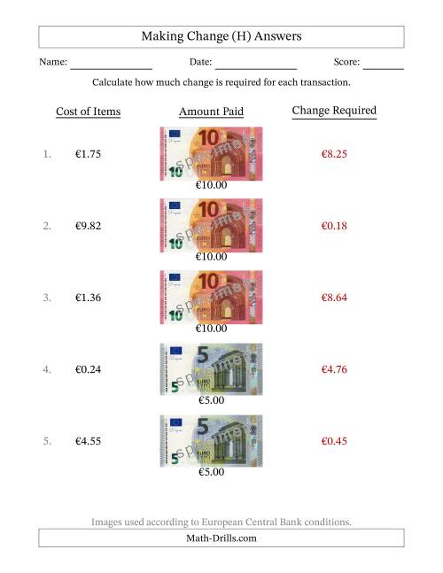 The Making Change from Banknotes up to Ten Euros (H) Math Worksheet Page 2