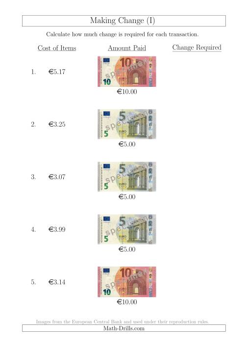 The Making Change from Euro Notes up to €10 (I) Math Worksheet