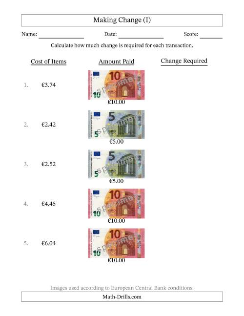 The Making Change from Banknotes up to Ten Euros (I) Math Worksheet