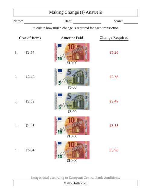 The Making Change from Banknotes up to Ten Euros (I) Math Worksheet Page 2