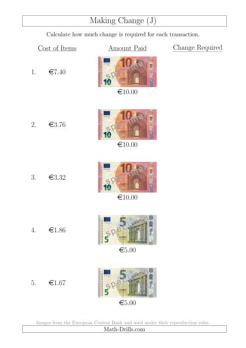 The Making Change from Euro Notes up to €10 (J) Math Worksheet