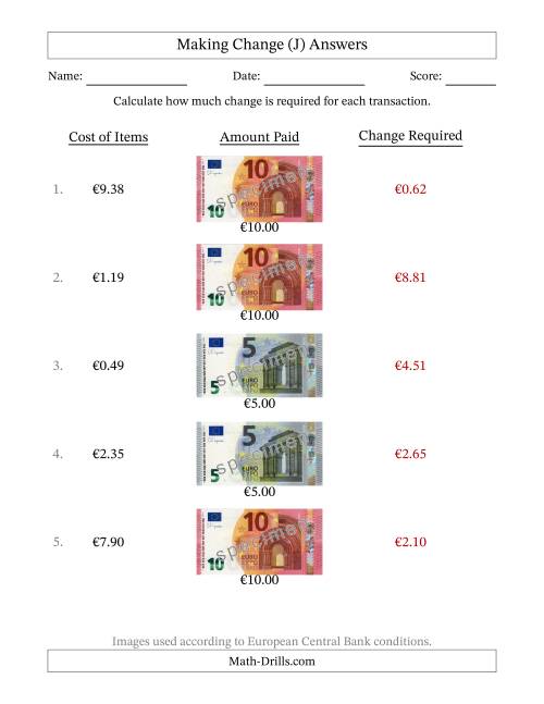 The Making Change from Banknotes up to Ten Euros (J) Math Worksheet Page 2