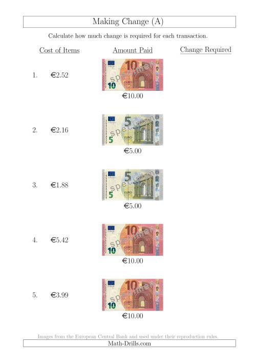The Making Change from Euro Notes up to €10 (All) Math Worksheet
