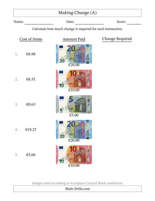 The Making Change from Banknotes up to Twenty Euros (A) Math Worksheet