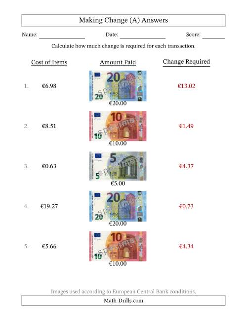 The Making Change from Banknotes up to Twenty Euros (A) Math Worksheet Page 2