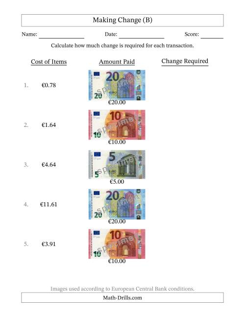 The Making Change from Banknotes up to Twenty Euros (B) Math Worksheet