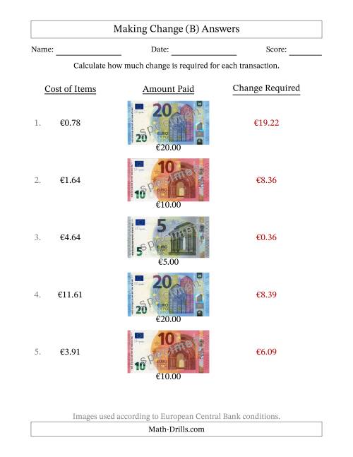 The Making Change from Banknotes up to Twenty Euros (B) Math Worksheet Page 2