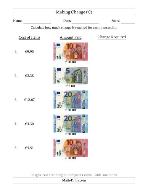 The Making Change from Banknotes up to Twenty Euros (C) Math Worksheet