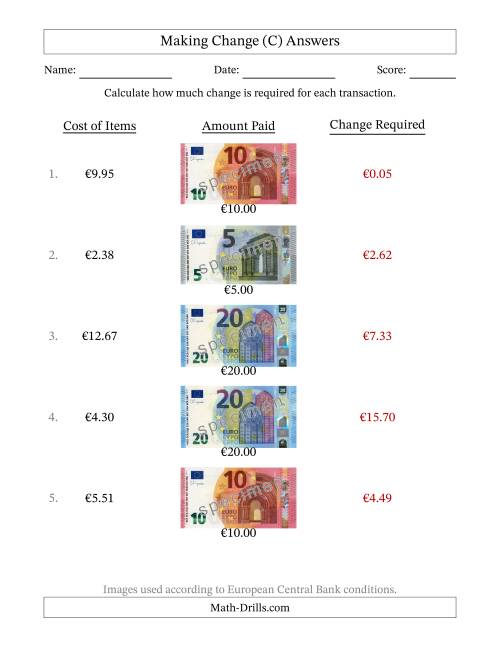 The Making Change from Banknotes up to Twenty Euros (C) Math Worksheet Page 2