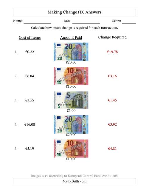 The Making Change from Banknotes up to Twenty Euros (D) Math Worksheet Page 2