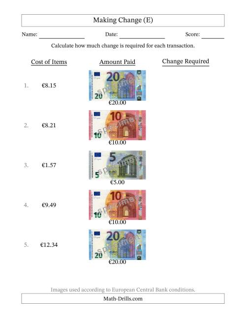 The Making Change from Banknotes up to Twenty Euros (E) Math Worksheet