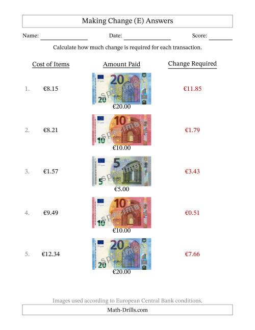 The Making Change from Banknotes up to Twenty Euros (E) Math Worksheet Page 2