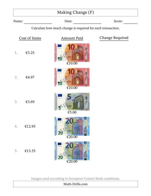 The Making Change from Banknotes up to Twenty Euros (F) Math Worksheet