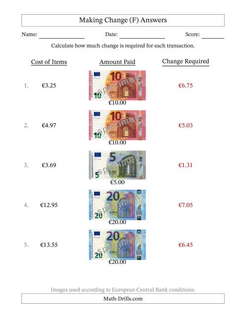 The Making Change from Banknotes up to Twenty Euros (F) Math Worksheet Page 2