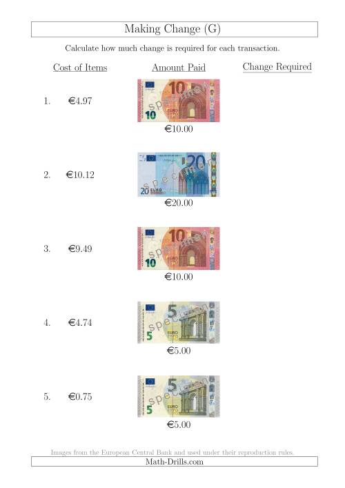 The Making Change from Euro Notes up to €20 (G) Math Worksheet
