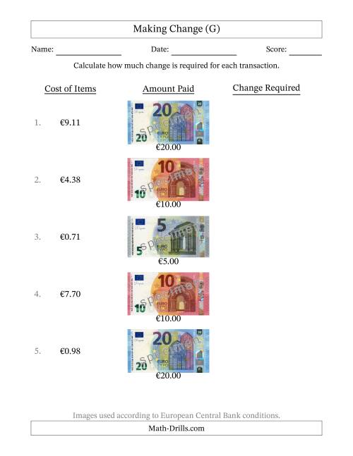 The Making Change from Banknotes up to Twenty Euros (G) Math Worksheet