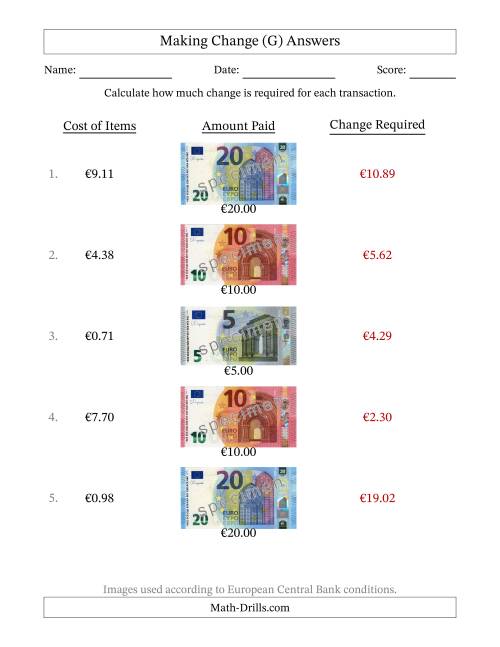 The Making Change from Banknotes up to Twenty Euros (G) Math Worksheet Page 2