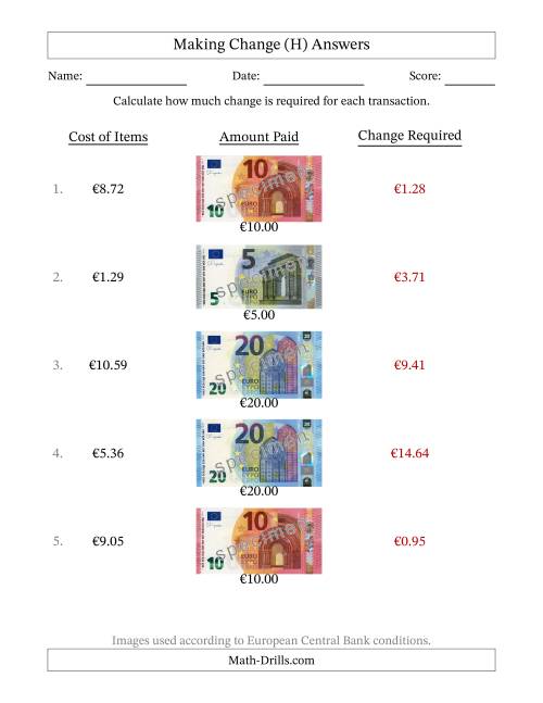 The Making Change from Banknotes up to Twenty Euros (H) Math Worksheet Page 2