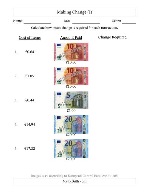 The Making Change from Banknotes up to Twenty Euros (I) Math Worksheet