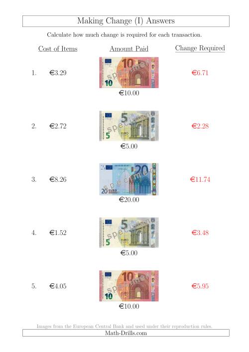 The Making Change from Euro Notes up to €20 (I) Math Worksheet Page 2