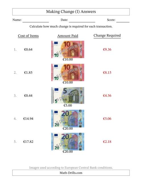 The Making Change from Banknotes up to Twenty Euros (I) Math Worksheet Page 2