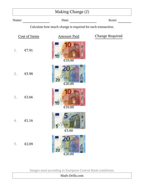 The Making Change from Banknotes up to Twenty Euros (J) Math Worksheet