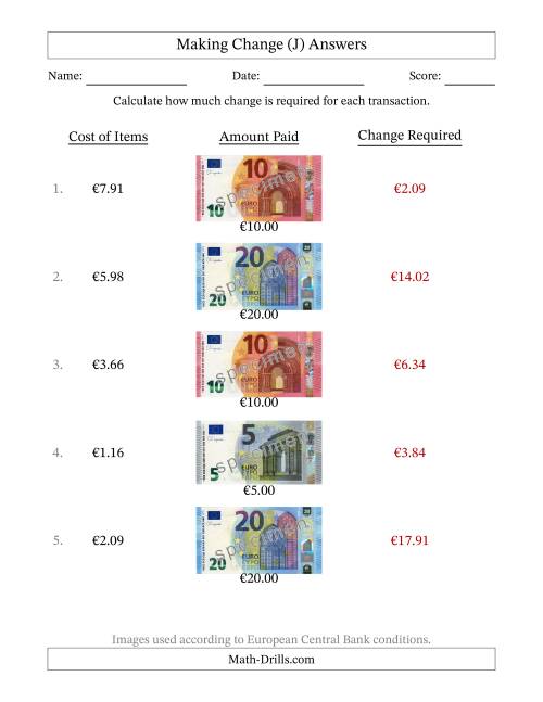 The Making Change from Banknotes up to Twenty Euros (J) Math Worksheet Page 2