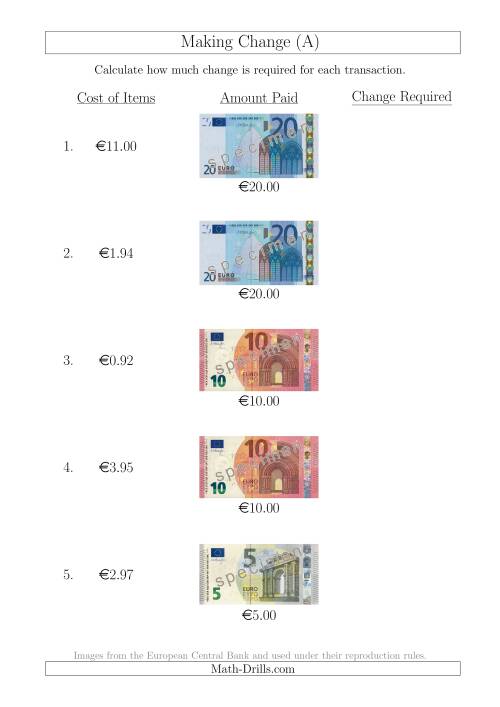 The Making Change from Euro Notes up to €20 (All) Math Worksheet
