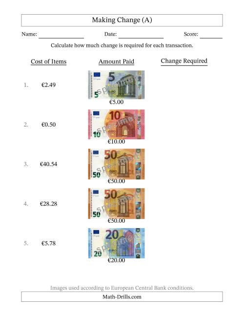 The Making Change from Banknotes up to Fifty Euros (A) Math Worksheet