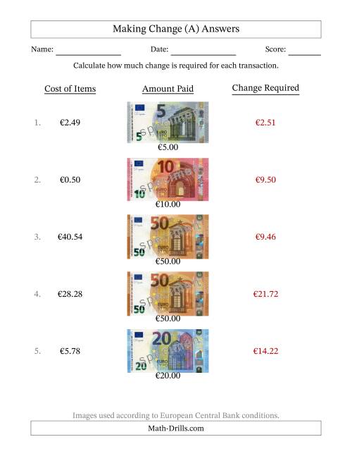 The Making Change from Banknotes up to Fifty Euros (A) Math Worksheet Page 2