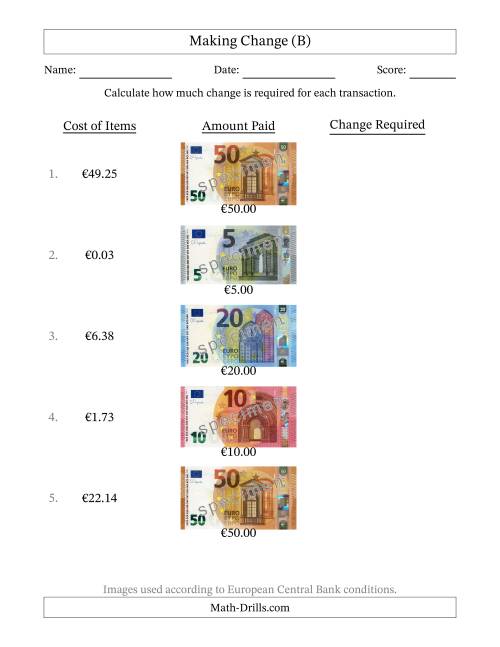 The Making Change from Banknotes up to Fifty Euros (B) Math Worksheet