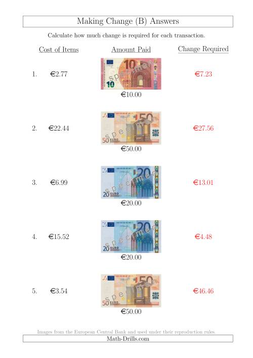 The Making Change from Euro Notes up to €50 (B) Math Worksheet Page 2