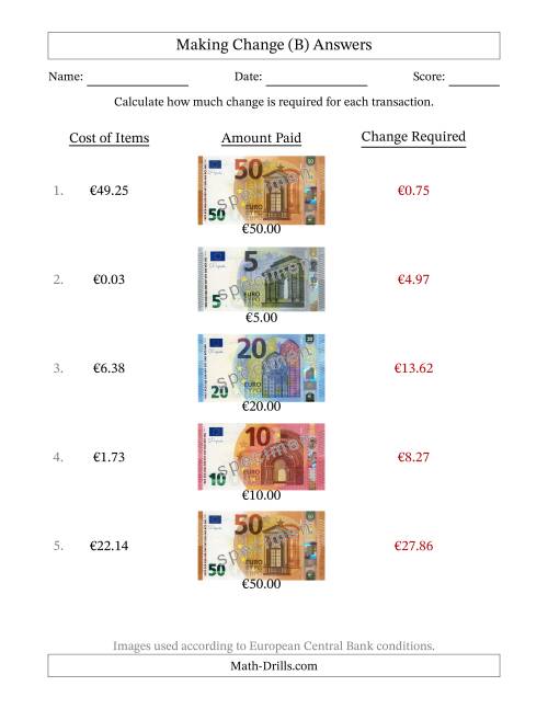 The Making Change from Banknotes up to Fifty Euros (B) Math Worksheet Page 2