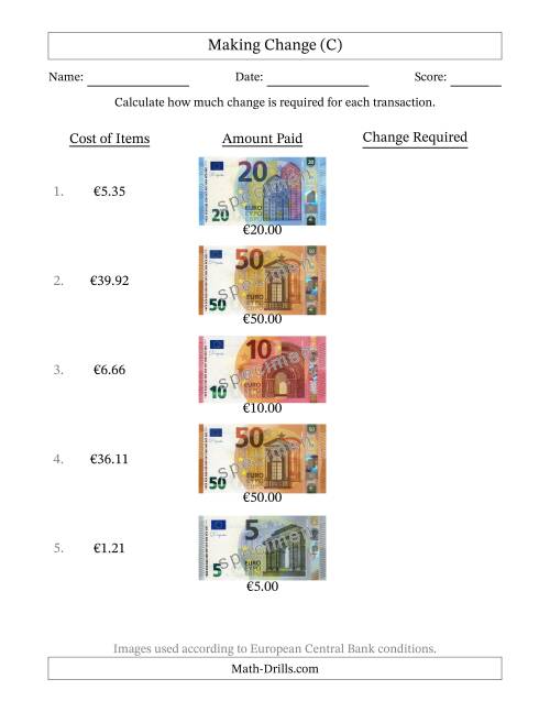 The Making Change from Banknotes up to Fifty Euros (C) Math Worksheet