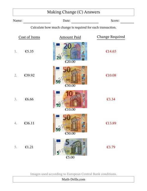 The Making Change from Banknotes up to Fifty Euros (C) Math Worksheet Page 2