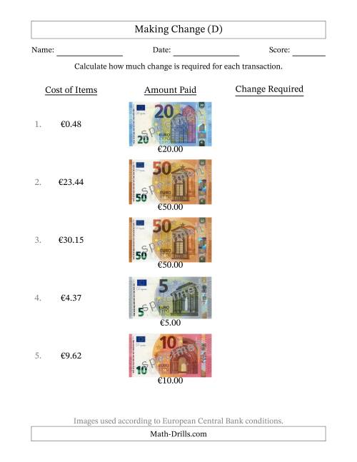 The Making Change from Banknotes up to Fifty Euros (D) Math Worksheet