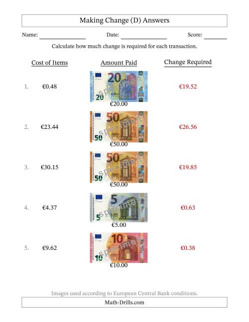 The Making Change from Banknotes up to Fifty Euros (D) Math Worksheet Page 2