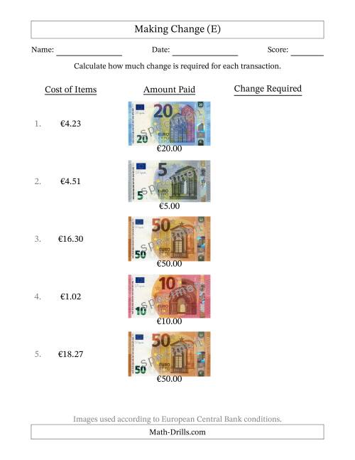 The Making Change from Banknotes up to Fifty Euros (E) Math Worksheet