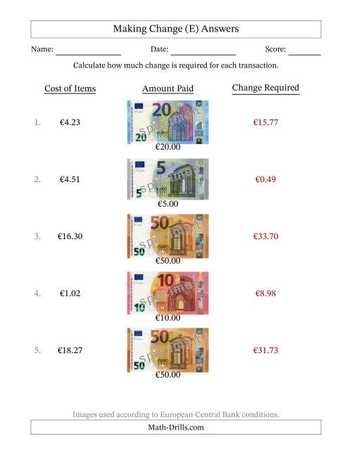 The Making Change from Banknotes up to Fifty Euros (E) Math Worksheet Page 2