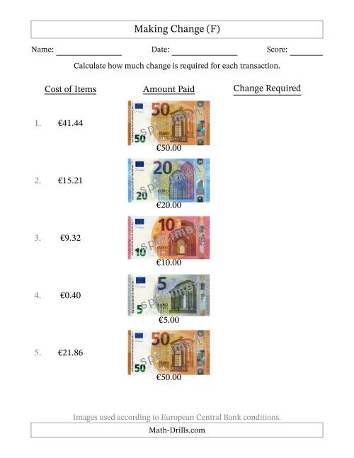 The Making Change from Banknotes up to Fifty Euros (F) Math Worksheet