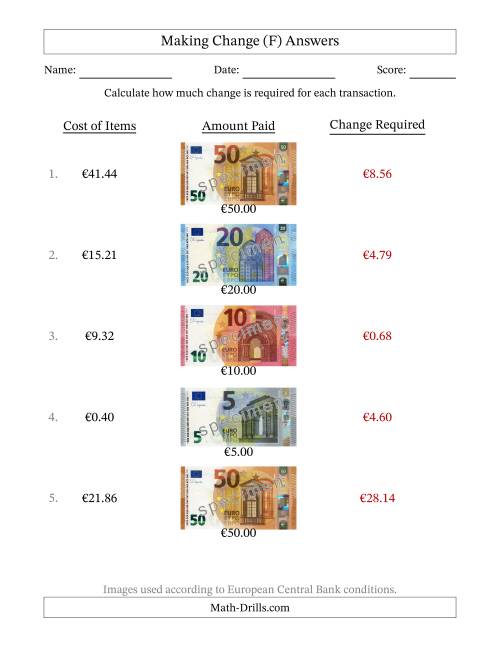 The Making Change from Banknotes up to Fifty Euros (F) Math Worksheet Page 2