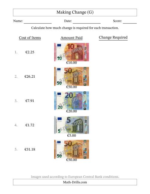 The Making Change from Banknotes up to Fifty Euros (G) Math Worksheet