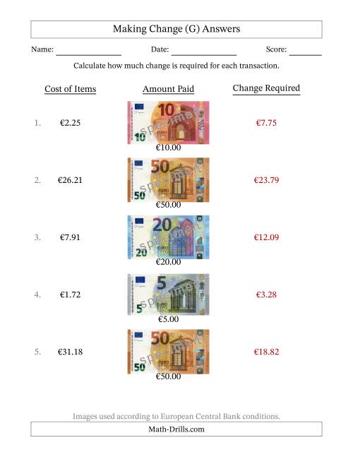 The Making Change from Banknotes up to Fifty Euros (G) Math Worksheet Page 2