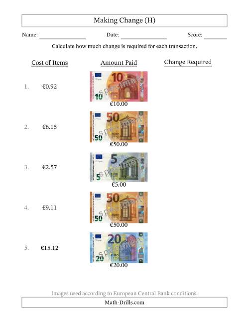 The Making Change from Banknotes up to Fifty Euros (H) Math Worksheet