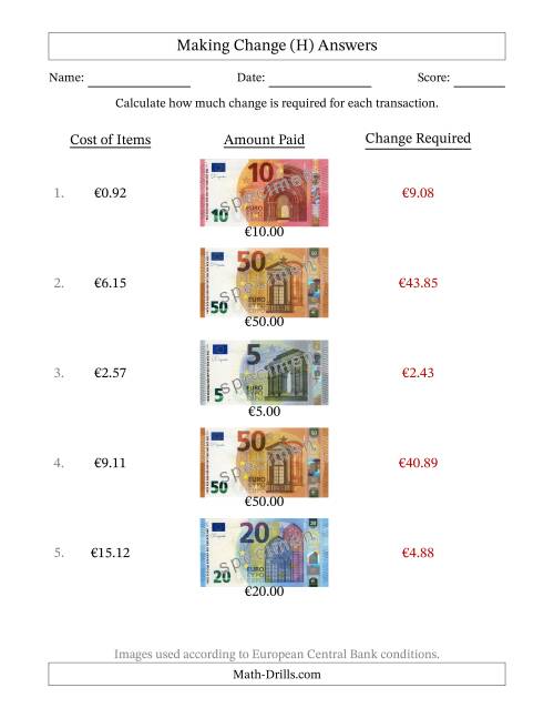 The Making Change from Banknotes up to Fifty Euros (H) Math Worksheet Page 2