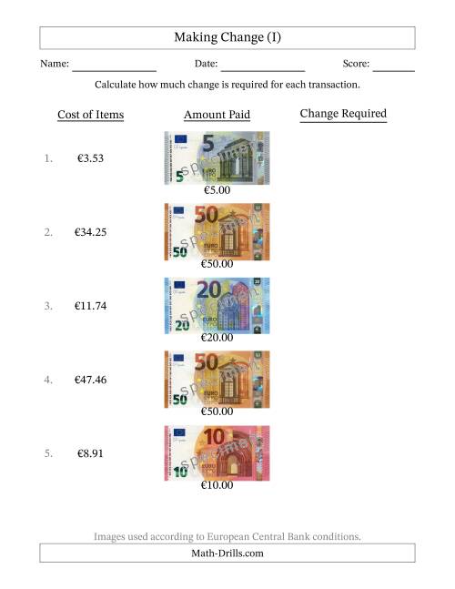 The Making Change from Banknotes up to Fifty Euros (I) Math Worksheet