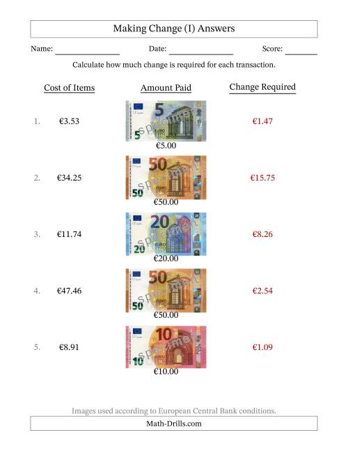 The Making Change from Banknotes up to Fifty Euros (I) Math Worksheet Page 2