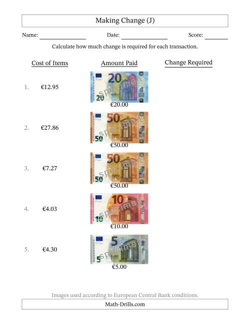 The Making Change from Banknotes up to Fifty Euros (J) Math Worksheet