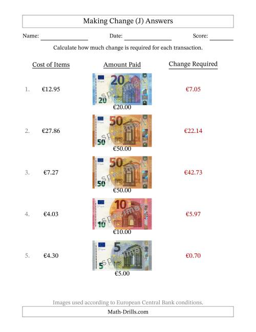 The Making Change from Banknotes up to Fifty Euros (J) Math Worksheet Page 2