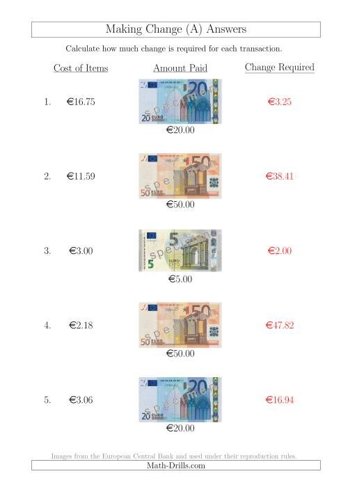 The Making Change from Euro Notes up to €50 (All) Math Worksheet Page 2